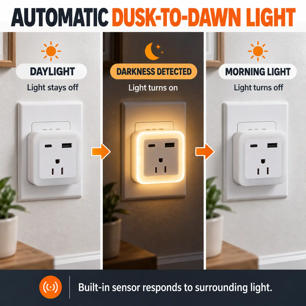 Plug In Night Light with Outlet, USB & Battery Backup – 2 Pack: dusk-to-Dawn Sensor