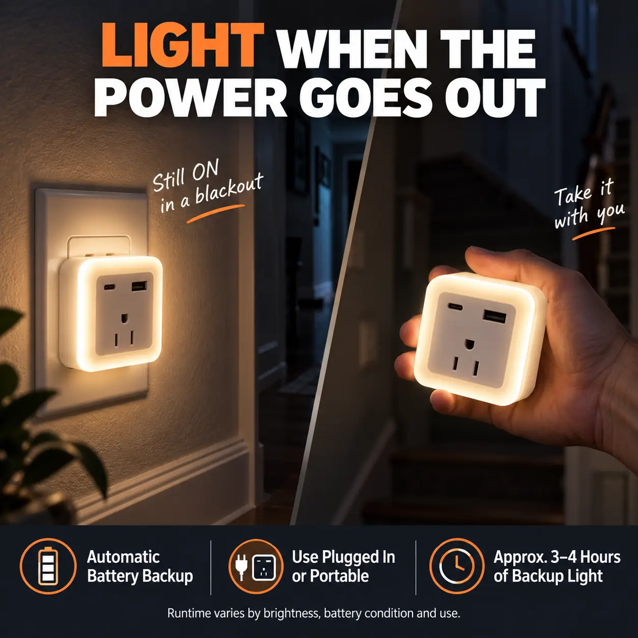 Plug In Night Light with Outlet, USB & Battery Backup – 2 Pack: power Outage Backup