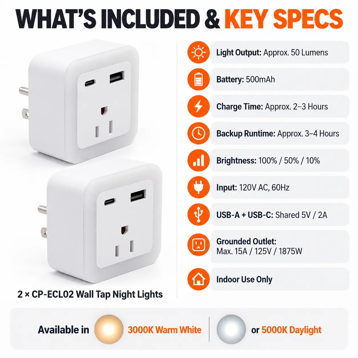 Plug In Night Light with Outlet, USB & Battery Backup – 2 Pack: included Items and Specifications