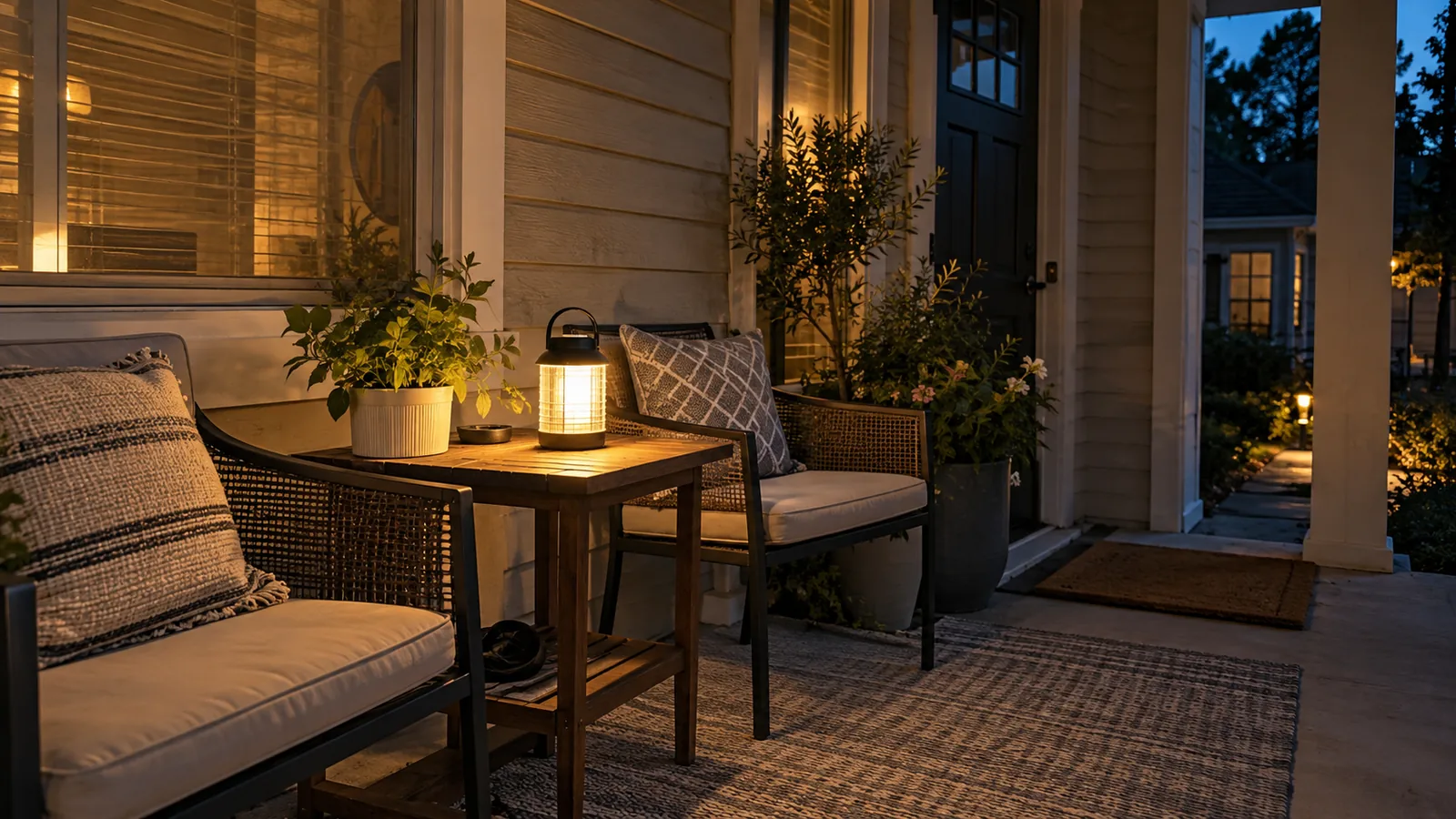 A warm rechargeable-style lantern rests on a side table beside porch seating and potted greenery at twilight.