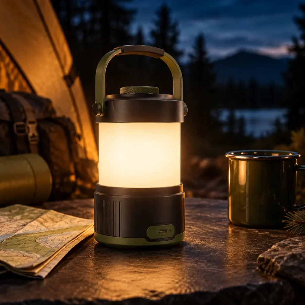 Portable rechargeable camping lantern glowing outdoors