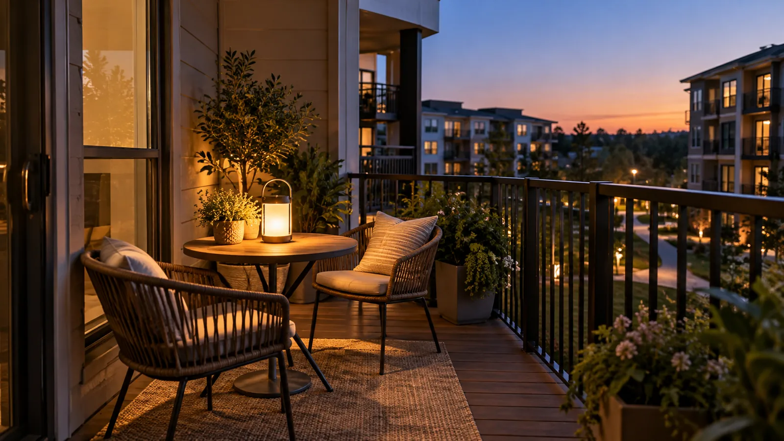 A warm portable lantern lights an apartment balcony furnished with wicker chairs, plants and a small table at dusk.