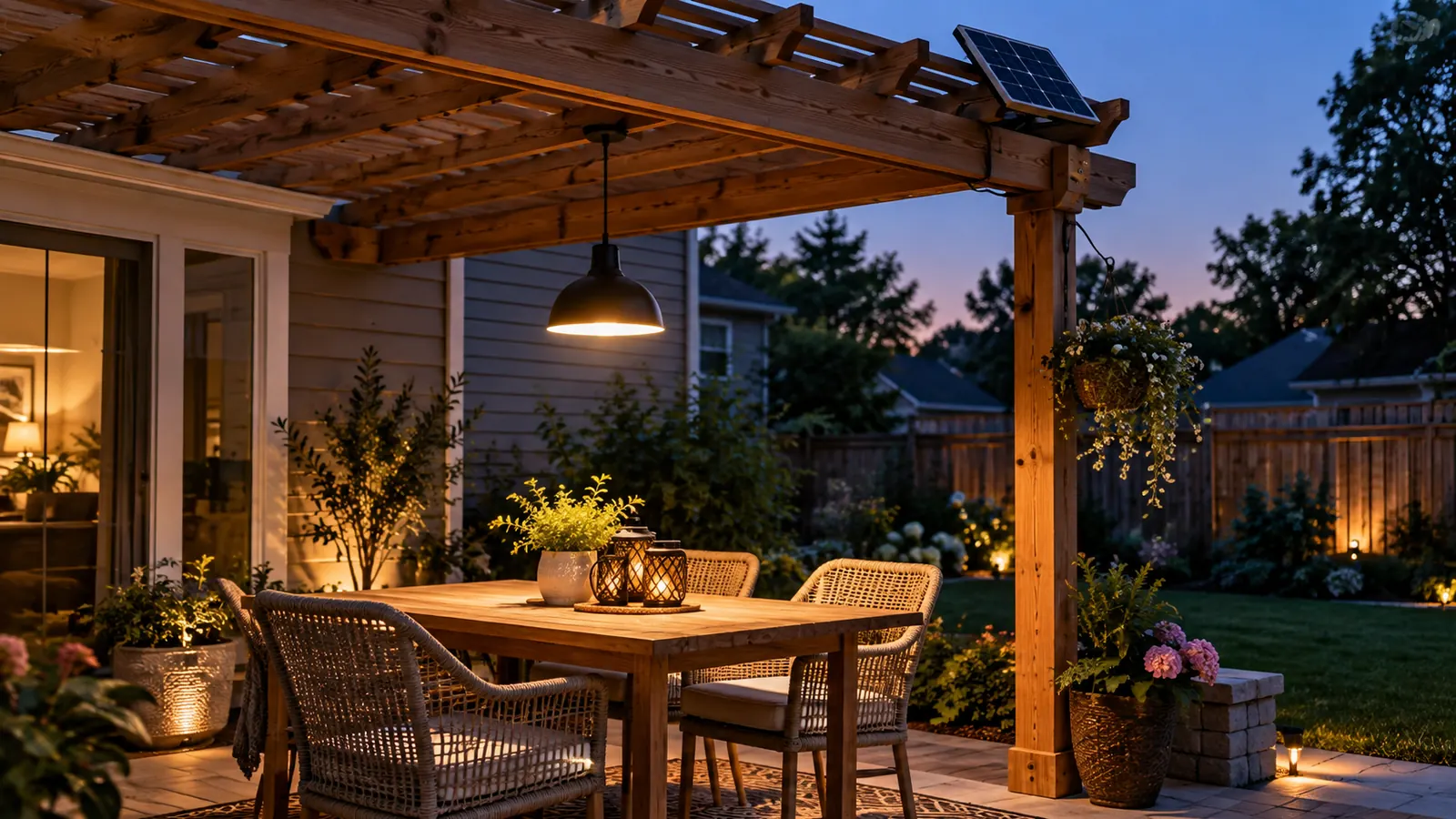 Warm pendant light hanging above an outdoor dining table under a wooden pergola at dusk