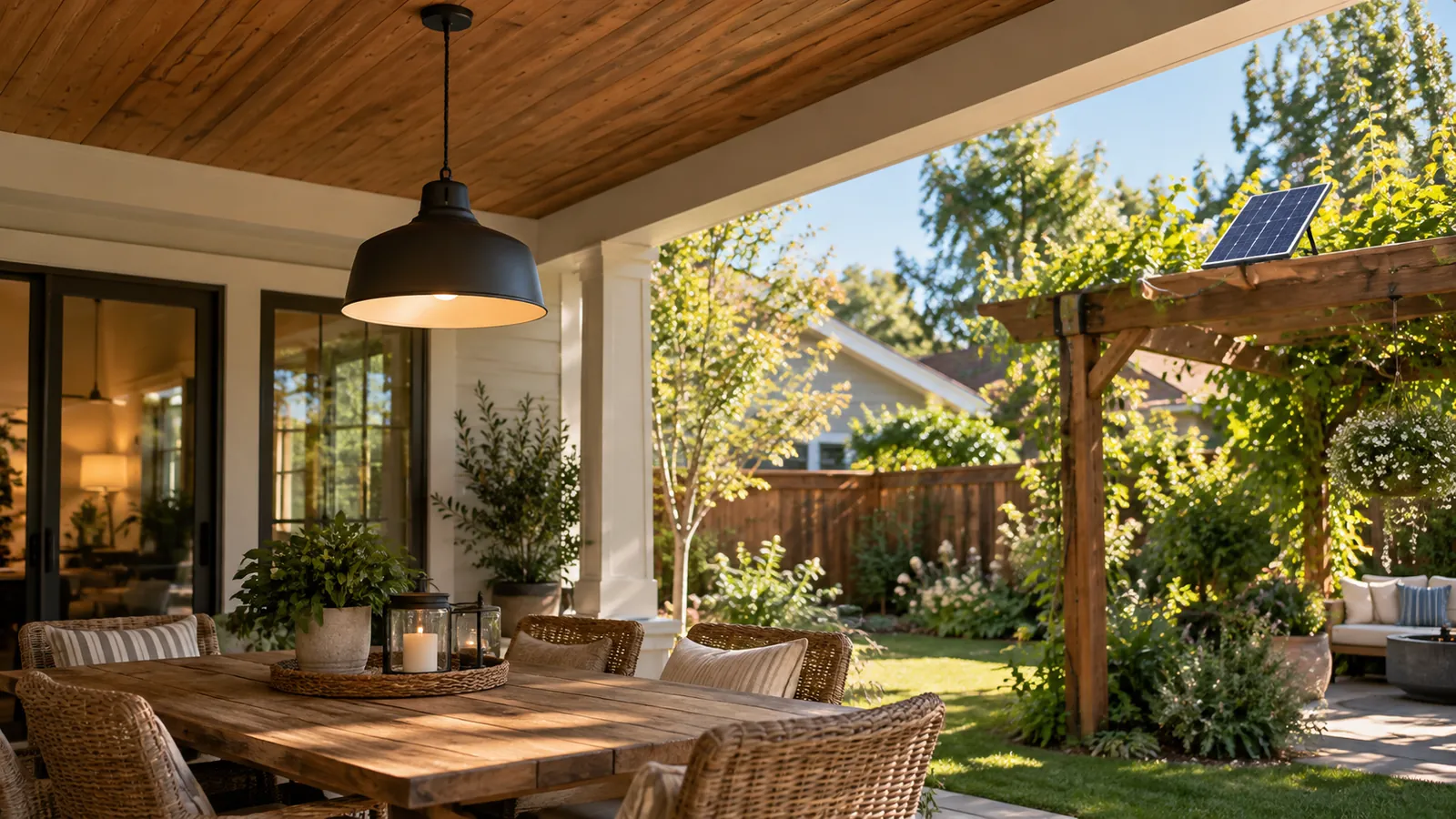 Daytime covered patio with hanging light and solar panel positioned beyond the shaded roof in a sunny yard