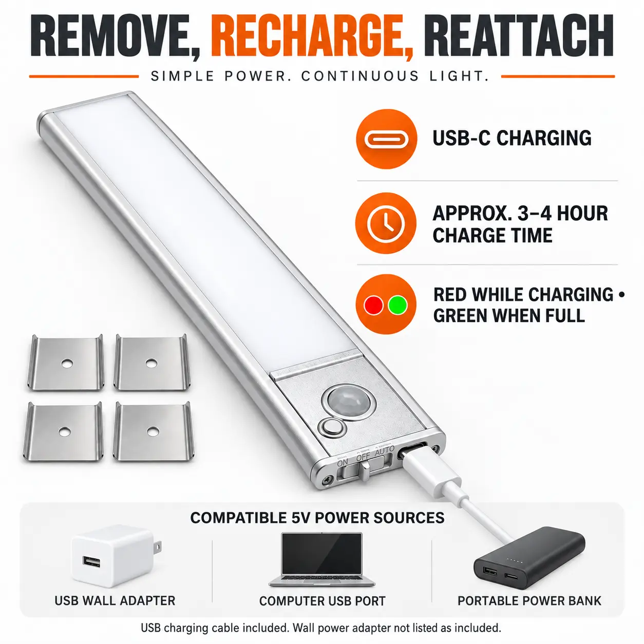 12-Inch Rechargeable Motion Sensor Under Cabinet Lights: remove Recharge and Reattach Design