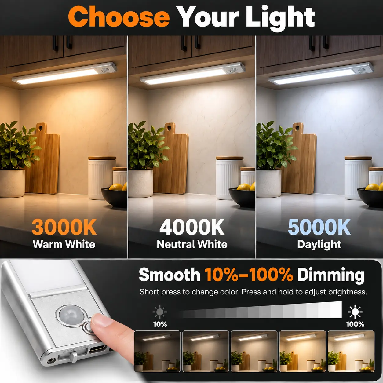 12-Inch Rechargeable Motion Sensor Under Cabinet Lights: three Color Temperatures and Dimming