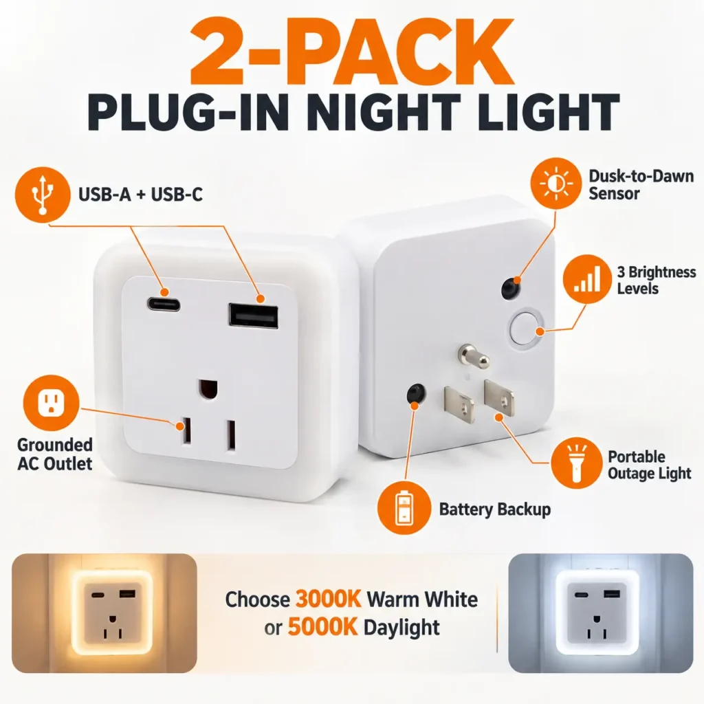 Plug In Night Light with Outlet, USB & Battery Backup – 2 Pack: two-Pack Features