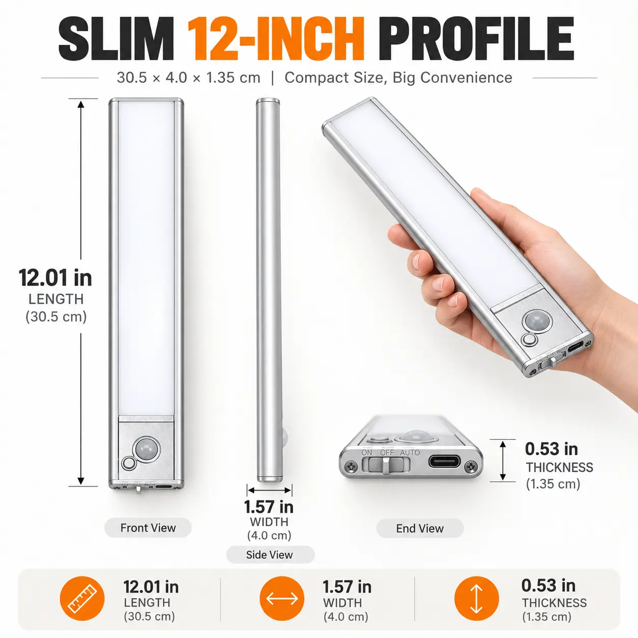 12-Inch Rechargeable Motion Sensor Under Cabinet Lights: dimensions