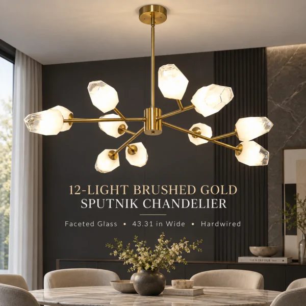 12-light brushed gold Sputnik chandelier with faceted glass shades above a modern dining table