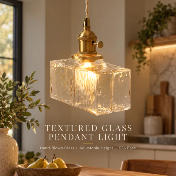 Textured glass pendant light with clear hand-blown square shade and brass-tone hardware