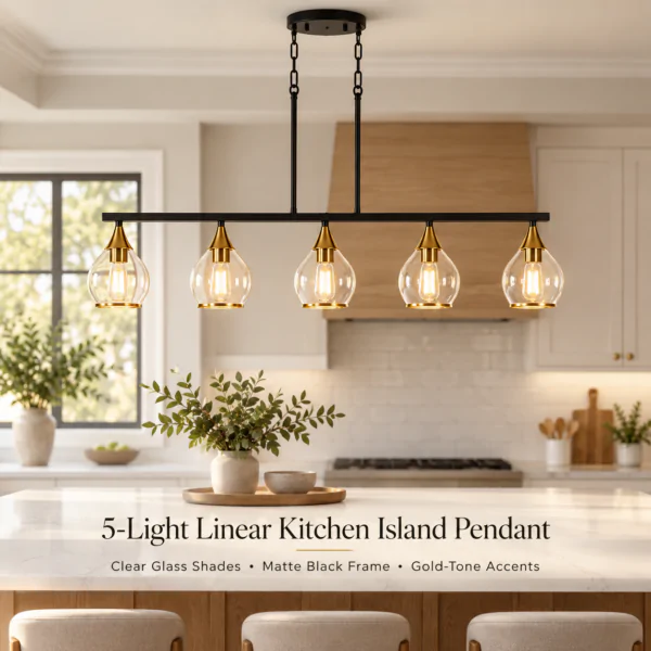 Five-light kitchen island pendant with clear glass shades
