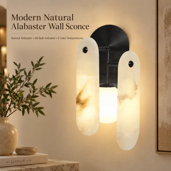 Natural alabaster wall sconce with matte black frame