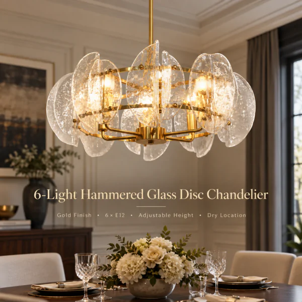 Gold chandelier with hammered glass discs above a dining table