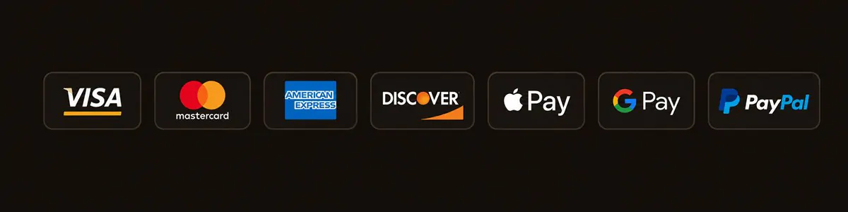 Accepted payment methods: Visa, Mastercard, American Express, Discover, Apple Pay, Google Pay and PayPal