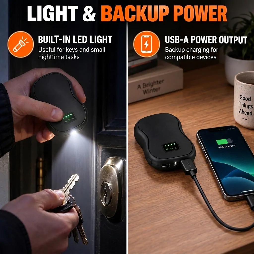 Hand warmer LED flashlight and power bank output
