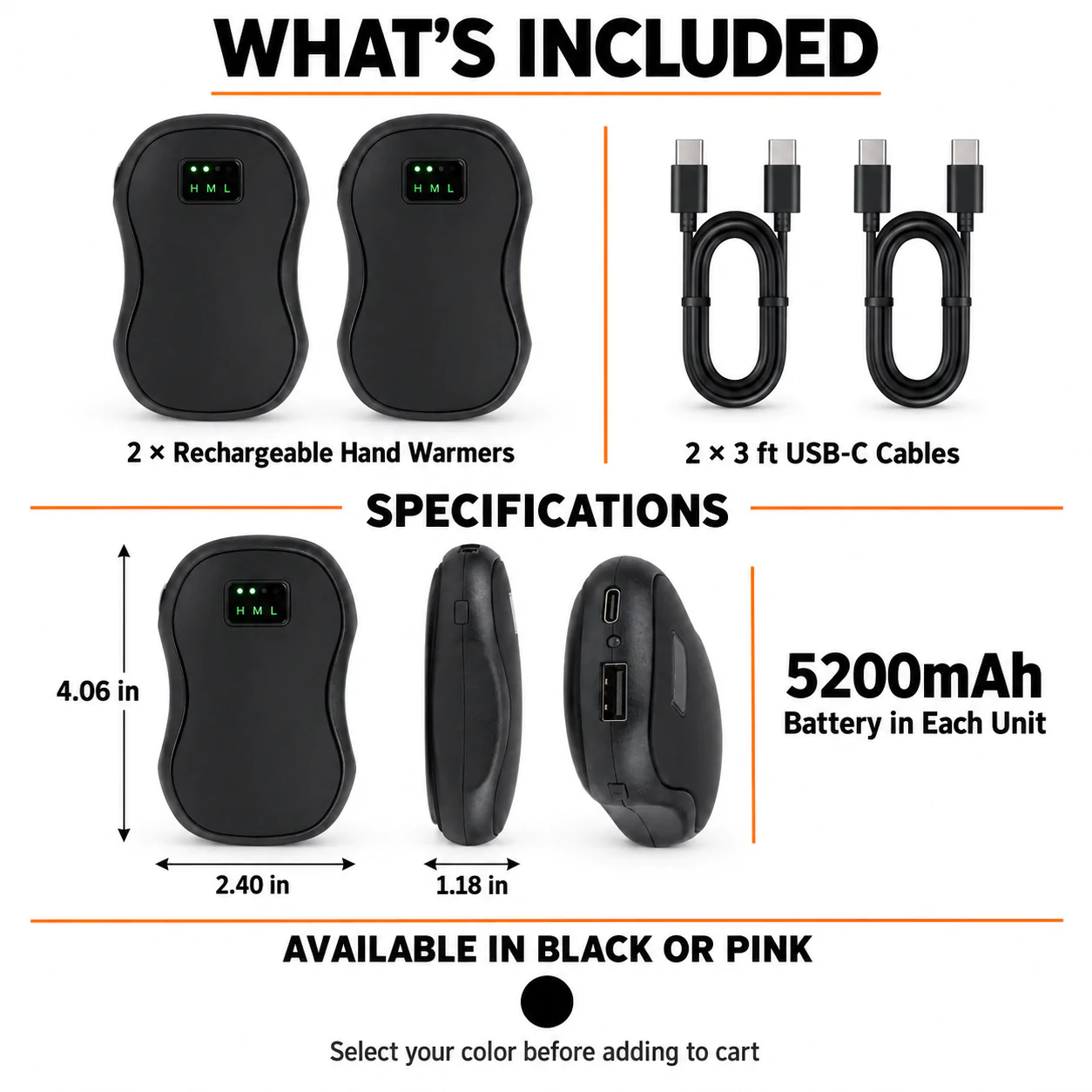 Hand warmer dimensions and package contents